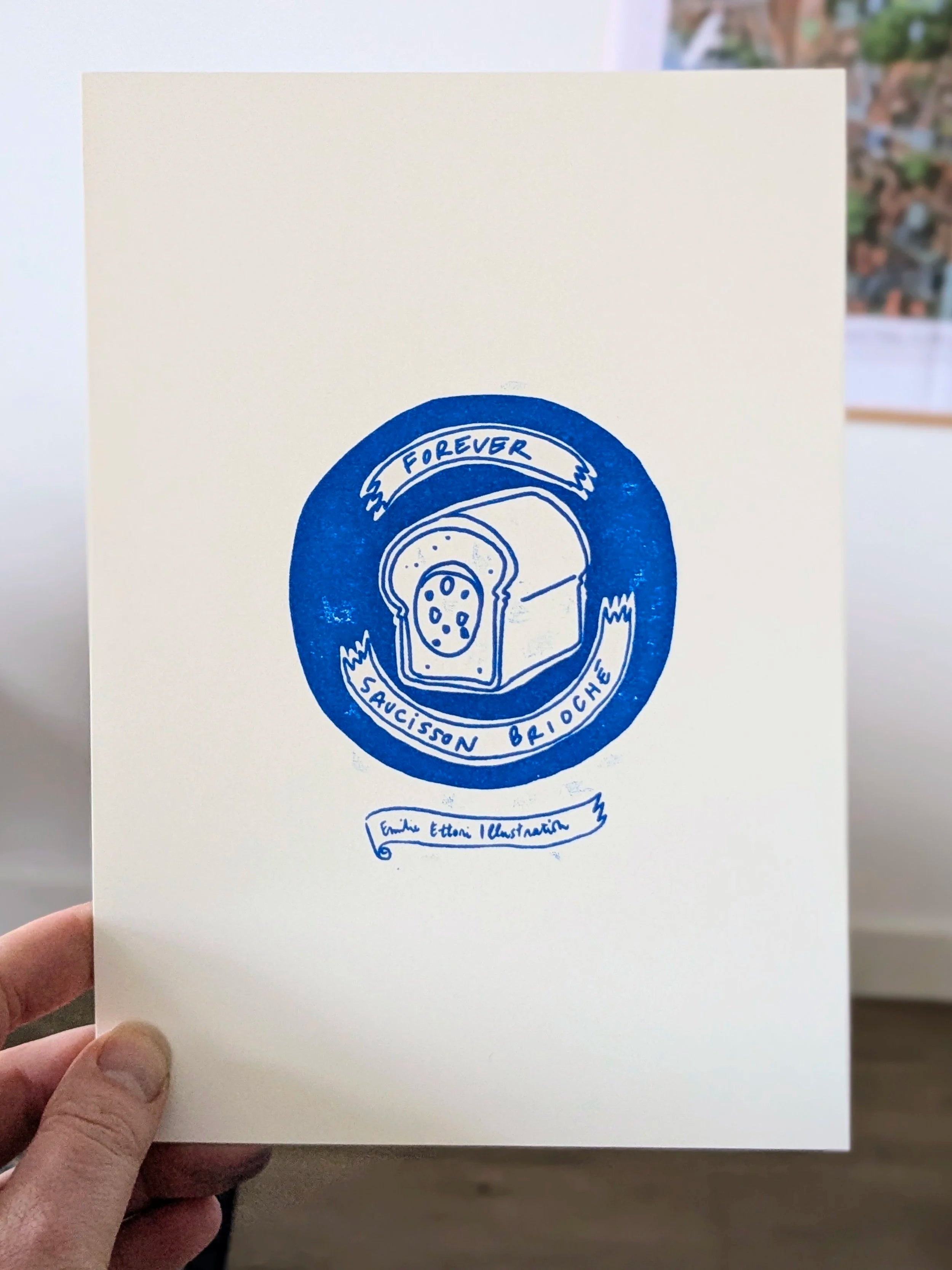 Petite Linogravure “ Forever Saucisson Brioché”, encre bleue