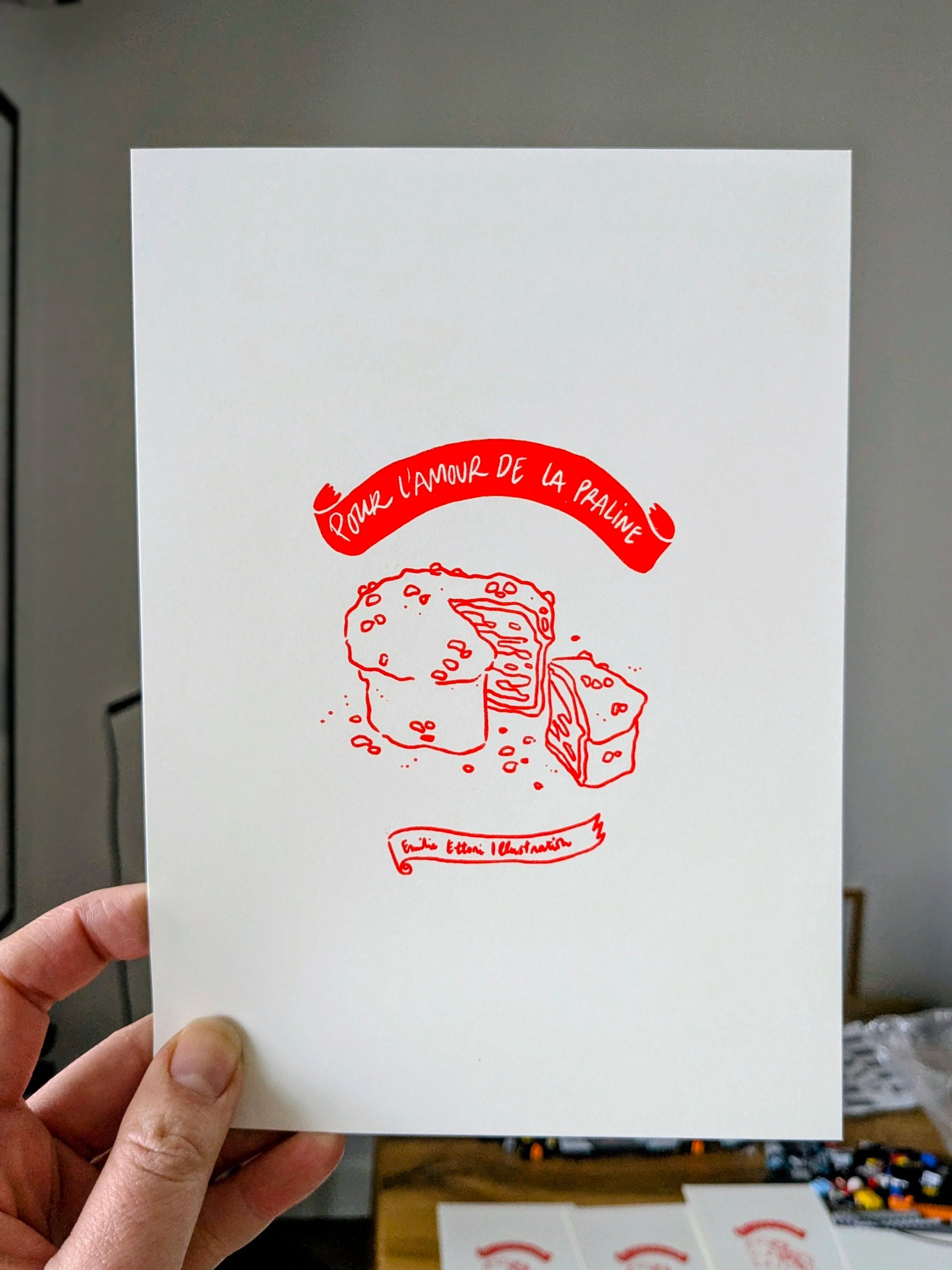 Petite Linogravure “ Pour l'amour de la Praline ”, encre rouge