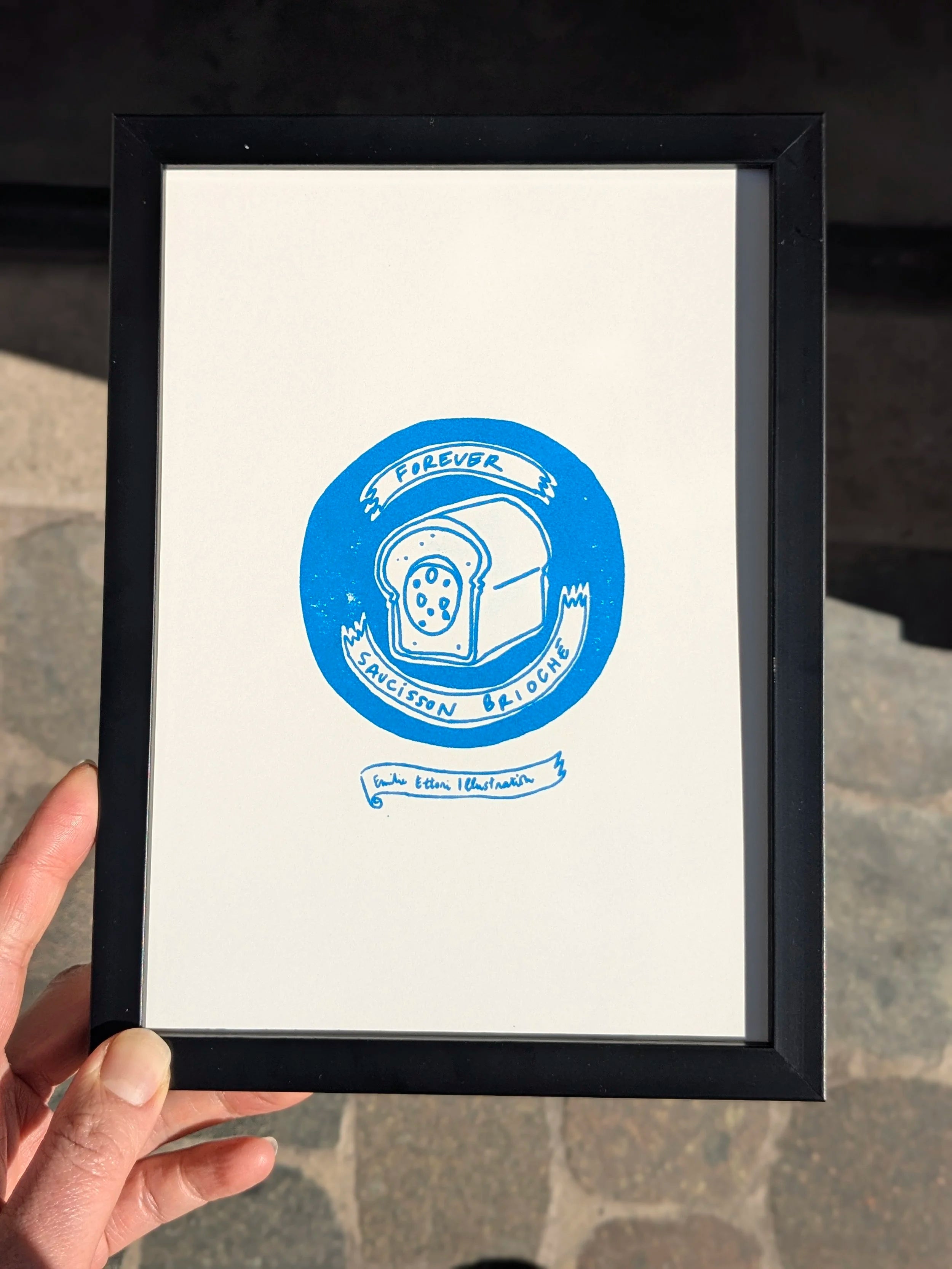 Petite Linogravure “ Forever Saucisson Brioché”, encre bleue