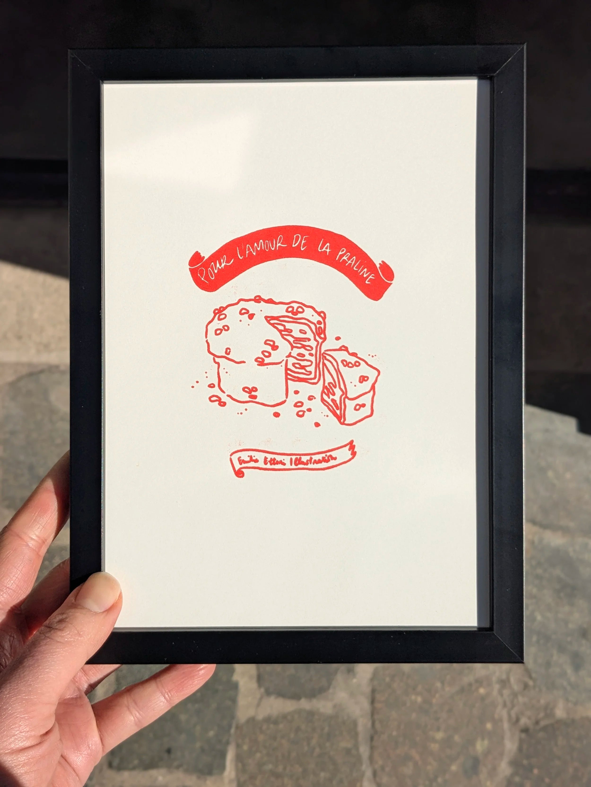 Petite Linogravure “ Pour l'amour de la Praline ”, encre rouge