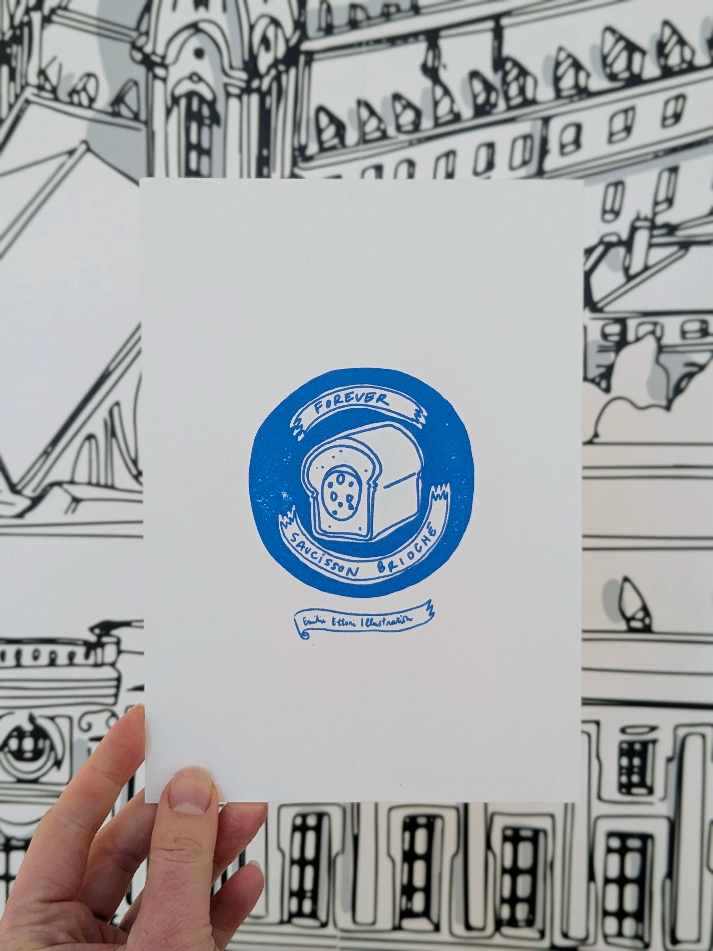 Petite Linogravure “ Forever Saucisson Brioché”, encre bleue