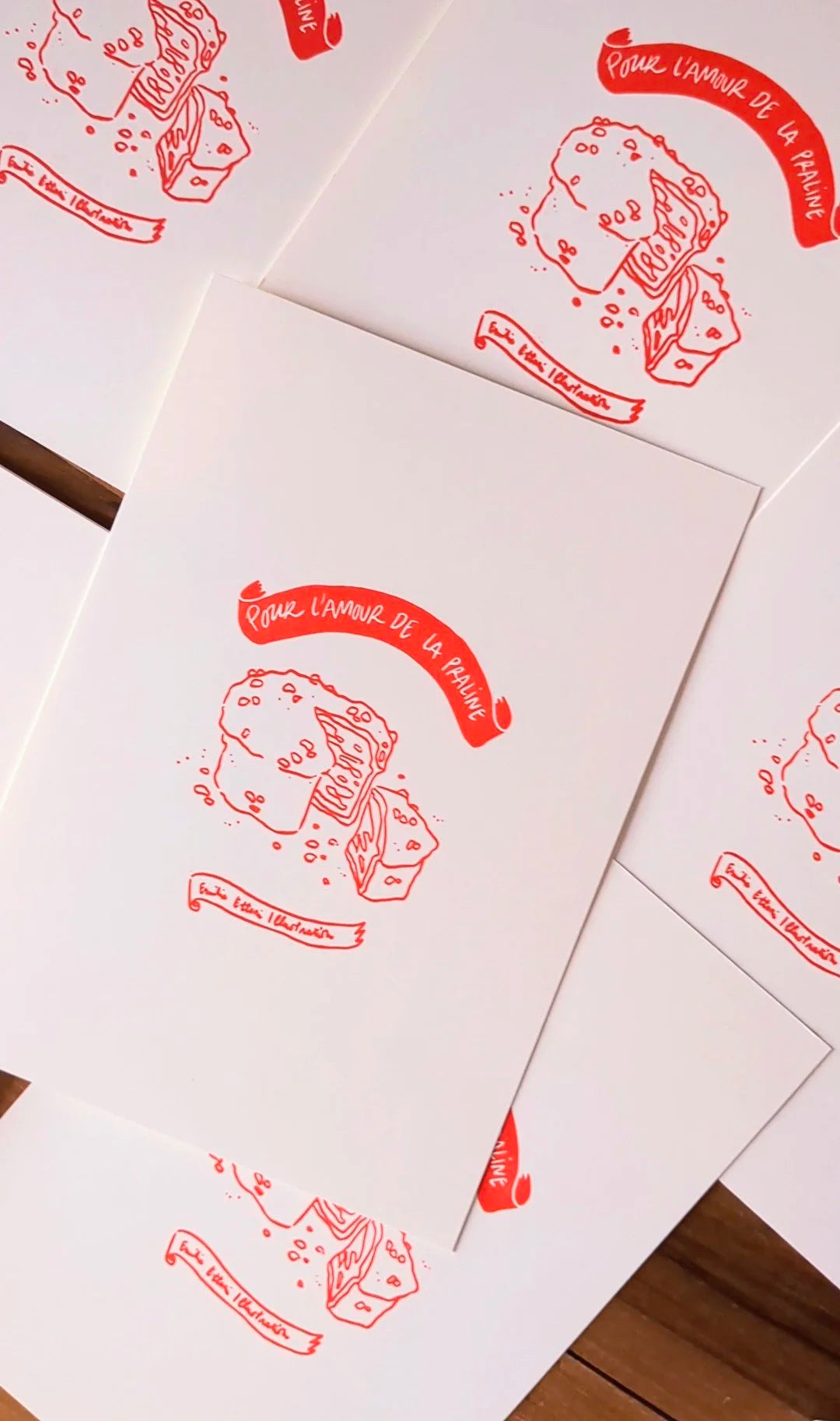 Petite Linogravure “ Pour l'amour de la Praline ”, encre rouge