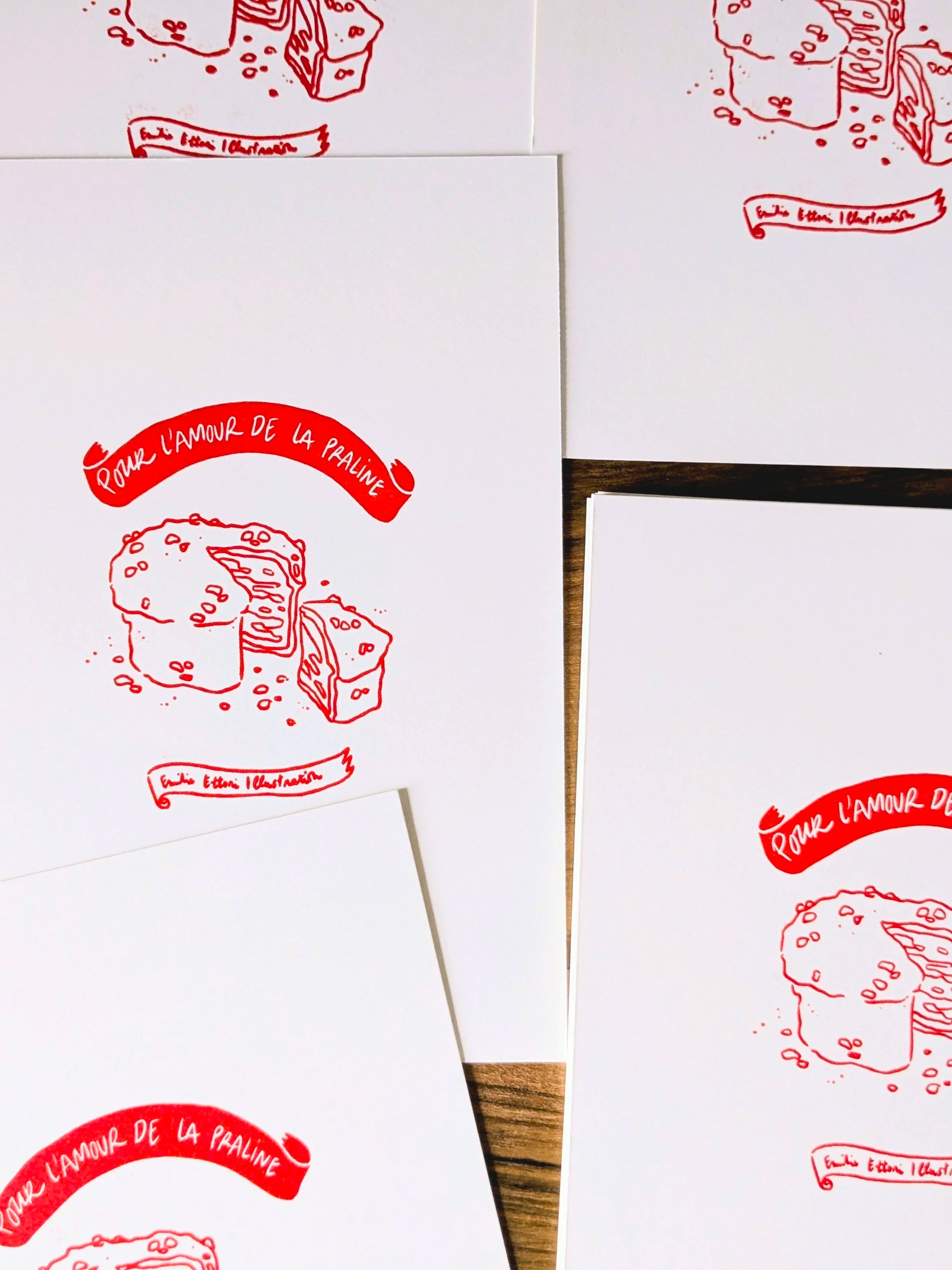 Petite Linogravure “ Pour l'amour de la Praline ”, encre rouge